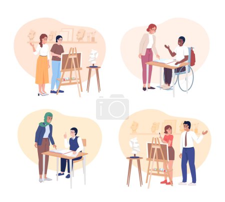 Student teacher communication 2D vector isolated illustration set. Educator helping pupil flat characters on cartoon background. Colorful editable scene pack for mobile, website, presentation