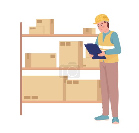 Illustration for Warehouse manager standing near shelves with boxes semi flat color vector character. Editable figure. Full body person on white. Simple cartoon style illustration for web graphic design and animation - Royalty Free Image