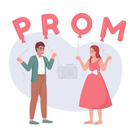 Illustration for Middle school prom 2D vector isolated illustration. Boy asking girl to dance party flat characters on cartoon background. Color editable scene for mobile, website, presentation. Fredoka One font used - Royalty Free Image