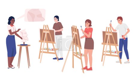 Téléchargez les illustrations : Art teacher giving talk about painting for students semi flat color vector characters. Editable full body people on white. Simple cartoon style illustration for web graphic design and animation - en licence libre de droit