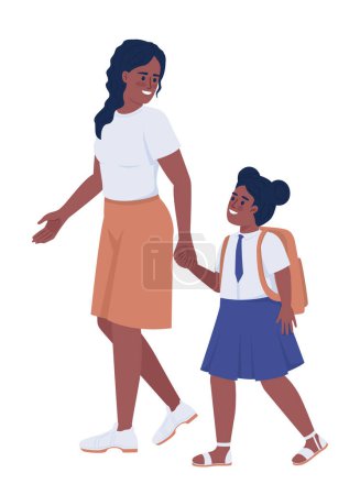 Téléchargez les illustrations : Mom with female first grader in school uniform semi flat color vector characters. Editable figures. Full body people on white. Simple cartoon style illustration for web graphic design and animation - en licence libre de droit