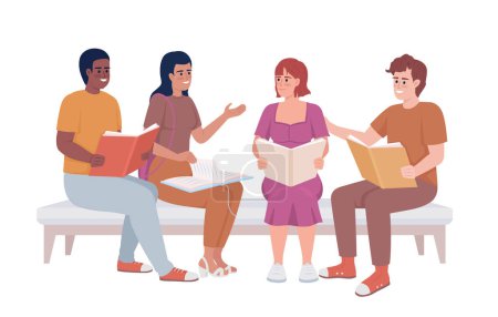 Téléchargez les illustrations : Students discussing books in group semi flat color vector characters. Literature club. Editable full body people on white. Simple cartoon style illustration for web graphic design and animation - en licence libre de droit