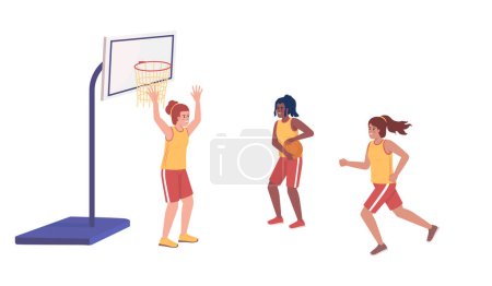 Téléchargez les illustrations : Sporty girls playing basketball together semi flat color vector characters. Editable figures. Full body people on white. Simple cartoon style illustration for web graphic design and animation - en licence libre de droit