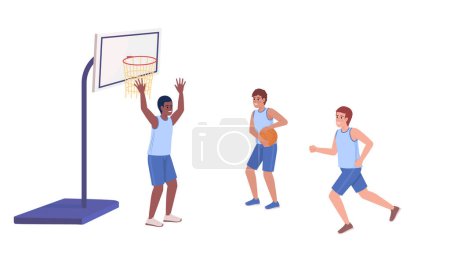 Téléchargez les illustrations : Athletic boys playing basketball in team semi flat color vector characters. Editable figures. Full body people on white. Simple cartoon style illustration for web graphic design and animation - en licence libre de droit