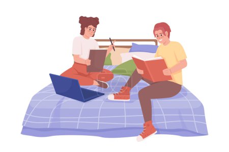 Téléchargez les illustrations : Friends doing homework together semi flat color vector characters. Siblings. Editable figures. Full body people on white. Simple cartoon style illustration for web graphic design and animation - en licence libre de droit