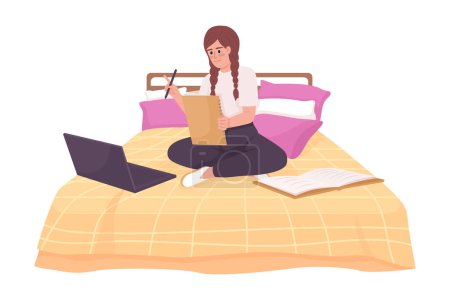Ilustración de Happy girl doing home assignment with laptop in bed semi flat color vector character. Editable figure. Full body person on white. Simple cartoon style illustration for web graphic design and animation - Imagen libre de derechos