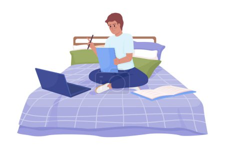 Téléchargez les illustrations : Happy boy doing assignment comfortably in bed semi flat color vector character. Editable figure. Full body person on white. Simple cartoon style illustration for web graphic design and animation - en licence libre de droit