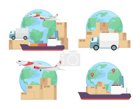 Ilustración de Freight shipping modes flat concept vector illustration set. Logistics. Editable 2D cartoon scene pack on white for web design. Delivery transports creative ideas for website, mobile, presentation - Imagen libre de derechos