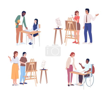 Téléchargez les illustrations : Supportive teacher and students semi flat color vector characters set. Editable figures. Full body people on white. Simple cartoon style illustration pack for web graphic design and animation - en licence libre de droit