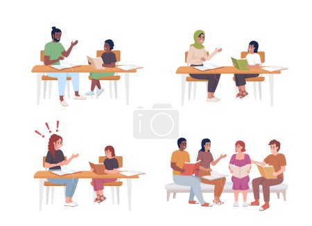 Illustration for Overcome homework struggles with parents, friends semi flat color vector characters set. Editable full body people on white. Simple cartoon style illustration pack for web graphic design and animation - Royalty Free Image
