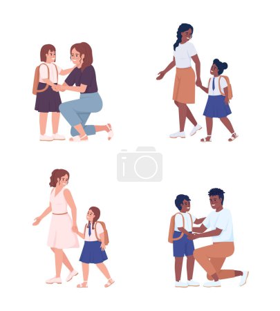 Illustration for Supportive parenting and first graders semi flat color vector characters set. Editable figures. Full body people on white. Simple cartoon style illustration pack for web graphic design and animation - Royalty Free Image