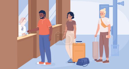 Téléchargez les illustrations : Buying flight tickets flat color vector illustration. Travelers with suitcases and belongings waiting in queue. Fully editable 2D simple cartoon characters with airport terminal interior on background - en licence libre de droit