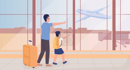Téléchargez les illustrations : Just arrived to airport flat color vector illustration. Excited father with boy pointing fingers on plane in sky. Fully editable 2D simple cartoon characters with terminal interior on background - en licence libre de droit