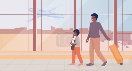 Ilustración de Arrive at airport for flight flat color vector illustration. Small boy with toy and father with valise walking. Fully editable 2D simple cartoon characters with airport terminal interior on background - Imagen libre de derechos