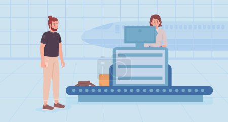 Ilustración de Baggage and bag scanning flat color vector illustration. Traveler going through check in belongings in airport. Fully editable 2D simple cartoon characters with terminal interior, plane on background - Imagen libre de derechos