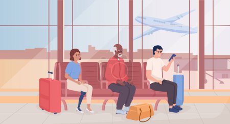 Téléchargez les illustrations : Airport lounge flat color vector illustration. Passengers with luggage and bags sitting in chairs. Tourists waiting. Fully editable 2D simple cartoon characters with terminal interior on background - en licence libre de droit