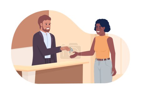 Illustration for Receptionist giving keys to guest 2D vector isolated illustration. Reserve apartment. Concierge and woman flat characters on cartoon background. Color editable scene for mobile, website, presentation - Royalty Free Image