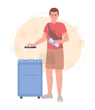 Téléchargez les illustrations : Going on vacation to tropical destination 2D vector isolated illustration. Excited male traveler flat character on cartoon background. Colorful editable scene for mobile, website, presentation - en licence libre de droit