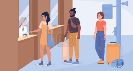 Téléchargez les illustrations : Buying tickets for bus and train flat color vector illustration. Passengers with bags waiting in line. Fully editable 2D simple cartoon characters with airport terminal interior on background - en licence libre de droit