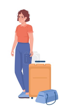 Téléchargez les illustrations : Disheveled female tourist with bag and baggage semi flat color vector character. Editable figure. Full body person on white. Simple cartoon style illustration for web graphic design and animation - en licence libre de droit