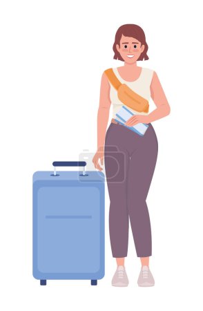 Ilustración de Smiling female passenger with tickets and suitcase semi flat color vector character. Editable figure. Full body person on white. Simple cartoon style illustration for web graphic design and animation - Imagen libre de derechos