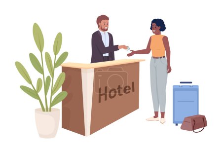 Illustration for Woman booking room in hotel semi flat color vector characters. Receptionist giving keys to guest. Editable people on white. Simple cartoon style illustration for web graphic design and animation - Royalty Free Image