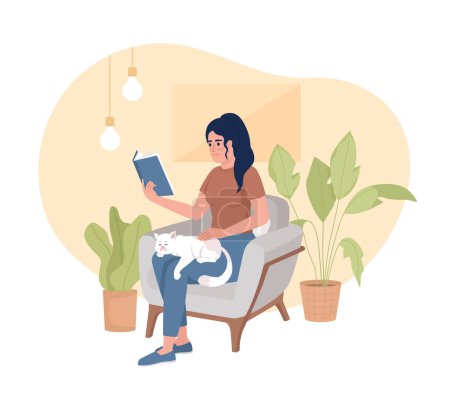 Illustration for Perfect weekend for introvert 2D vector isolated illustration. Woman reading book with cat on lap flat character on cartoon background. Colorful editable scene for mobile, website, presentation - Royalty Free Image