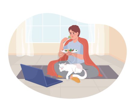 Illustration for Binge watching tv series 2D vector isolated illustration. Boy eating salad with cat on lap flat character on cartoon background. Colorful editable scene for mobile, website, presentation - Royalty Free Image