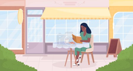 Illustration for Enjoying book alone sitting on cafe terrace flat color vector illustration. Pretty woman with book and coffee. Fully editable 2D simple cartoon character with buildings exterior on background - Royalty Free Image