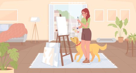 Ilustración de Making art at home flat color vector illustration. Inspired girl with golden retriever painting on easel. Fully editable 2D simple cartoon character with balcony and living room interior on background - Imagen libre de derechos