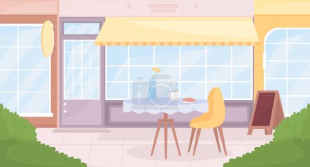 Téléchargez les illustrations : Cafe outdoor seating flat color vector illustration. Enjoying drink and food outside. Cozy dining option. Breakfast. Fully editable 2D simple cartoon cityscape with buildings exterior on background - en licence libre de droit