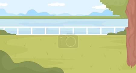 Téléchargez les illustrations : Perfect spot for picnic at park flat color vector illustration. Cozy place near lake. Recreation space with waterside scenery. Fully editable 2D simple cartoon landscape with river on background - en licence libre de droit