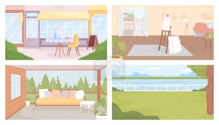 Téléchargez les illustrations : Cozy places to hang out flat color vector illustrations pack. Relaxing spots. Fully editable 2D simple cartoon interior, landscape, cityscape with living room, cafe exterior and park on background - en licence libre de droit