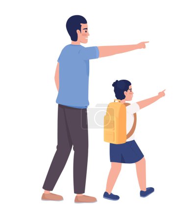 Illustration for Father with boy pointing fingers on right side semi flat color vector characters. Editable figures. Full body people on white. Simple cartoon style illustration for web graphic design and animation - Royalty Free Image