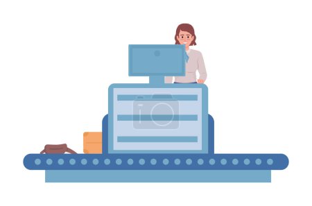 Illustration for Female baggage and cargo handler in airport semi flat color vector character. Editable figure. Full body person on white. Simple cartoon style illustration for web graphic design and animation - Royalty Free Image