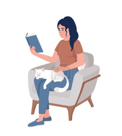 Illustration for Woman reading book with cat on lap semi flat color vector character. Cozy time. Editable figure. Full body person on white. Simple cartoon style illustration for web graphic design and animation - Royalty Free Image