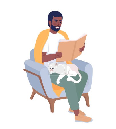 Illustration for Bearded man enjoying book with cute cat on lap semi flat color vector character. Editable figure. Full body person on white. Simple cartoon style illustration for web graphic design and animation - Royalty Free Image