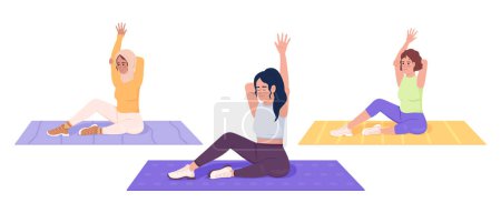 Téléchargez les illustrations : Women working out together semi flat color vector characters. Yoga exercises. Editable figures. Full body people on white. Simple cartoon style illustration for web graphic design and animation - en licence libre de droit