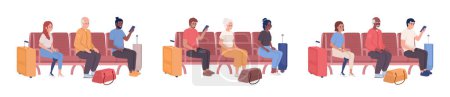 Illustration for Passengers sitting in airport chairs semi flat color vector characters set. Editable figures. Full body people on white. Simple cartoon style illustration pack for web graphic design and animation - Royalty Free Image