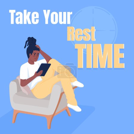 Take best time to rest card template. Online chatting with friends. Reading e book. Editable social media post design. Flat vector color illustration for poster, web banner, ecard. Anton font used