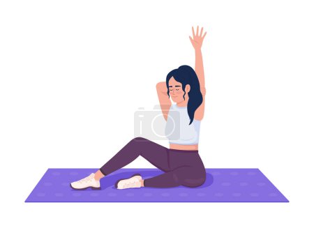 Illustration for Pleased woman stretching arm muscles on mat semi flat color vector character. Editable figure. Full body person on white. Simple cartoon style illustration for web graphic design and animation - Royalty Free Image