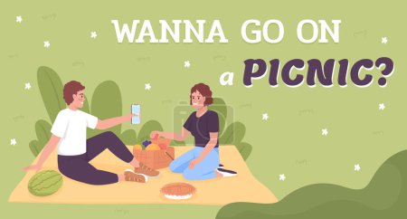 Illustration for Wanna go on picnic flat vector banner template. Romantic date. Resting in park with best friend poster, leaflet printable color designs. Editable flyer page with text space. Pridi, Lemon fonts used - Royalty Free Image