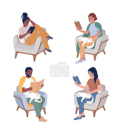 Illustration for Resting in armchair semi flat color vector characters set. Editable figures. Full body people relaxing on white. Simple cartoon style illustration collection for web graphic design and animation - Royalty Free Image