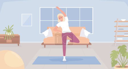 Téléchargez les illustrations : Morning workout flat color vector illustration. Cheerful blond young woman warming up on yoga mat. Fully editable 2D simple cartoon character with cozy living room interior on background - en licence libre de droit