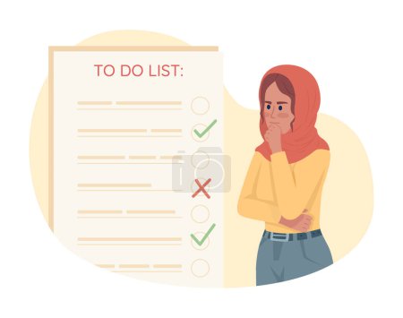 Illustration for Creating checklist flat concept vector illustration. Editable 2D cartoon character on white for web design. Woman in pensive mood creative idea for website, mobile. Quicksand Medium font used - Royalty Free Image