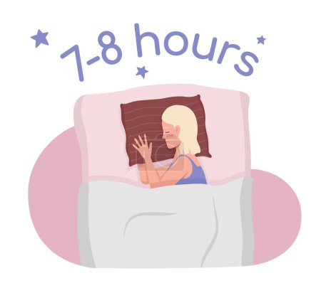 Téléchargez les illustrations : Get enough sleep 2D vector isolated illustration. Woman cuddling pillow flat character on cartoon background. Colorful editable scene for mobile, website, presentation. Comfortaa Bold font used - en licence libre de droit