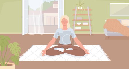 Illustration for Morning meditation for self healing flat color vector illustration. Blond woman relaxing with closed eyes. Fully editable 2D simple cartoon character with cozy living room interior on background - Royalty Free Image