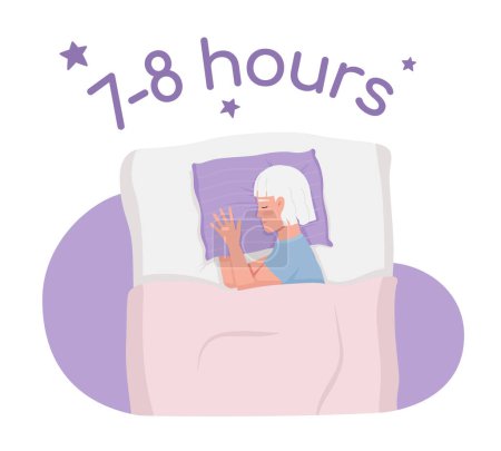 Illustration for Healthy bedtime habit 2D vector isolated illustration. Senior hugging pillow flat character on cartoon background. Colorful editable scene for mobile, website, presentation. Comfortaa Bold font used - Royalty Free Image