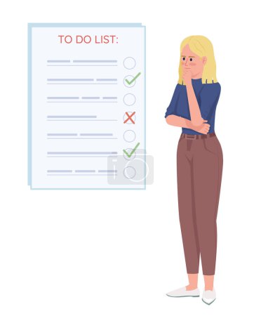 Ilustración de Serious young woman thinking about future tasks semi flat color vector character. Editable concept. Simple cartoon style illustration for web graphic design and animation. Quicksand Medium font used - Imagen libre de derechos