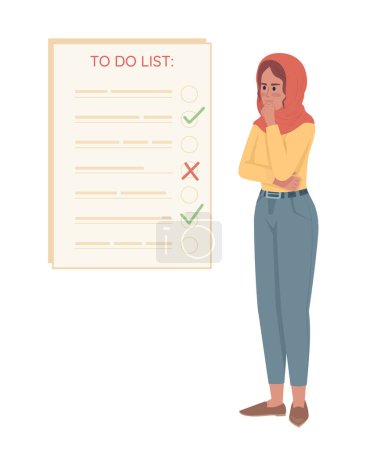 Illustration for Thoughtful woman organizing tasks in to do list semi flat color vector character. Editable concept. Simple cartoon style illustration for web graphic design and animation. Quicksand Medium font used - Royalty Free Image